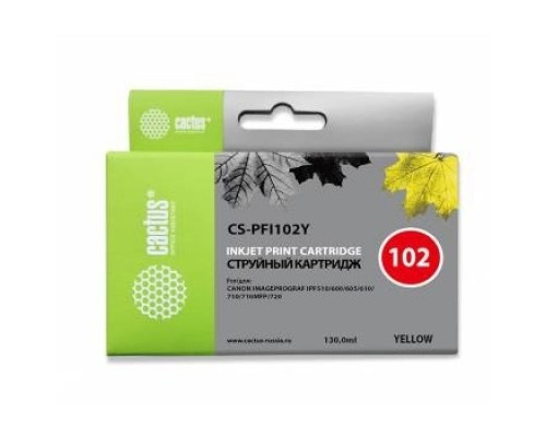 [расходные материалы] CACTUS PFI-102Y Картридж струйный для Canon iPF500/iPF600/iPF700/ MFP M40/iPF765/LP17/LP24, желтый (130мл)