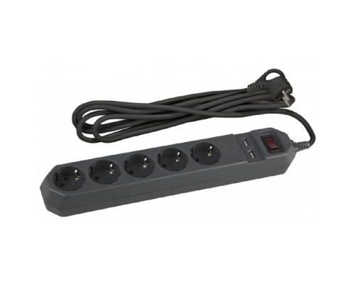 [ЭРА Удлинители бытовые, Сетевые фильтры] Эра Б0019036 Сетевой фильтр USF-5es-1.5m-USB-B (черный) с заземл, 3x0,75мм2, с выкл, 5гн, 1,5м {защита от короткого замыкания, от перегрузки, от импульсных помех, USB-зарядка}