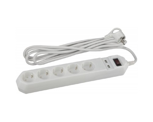 [ЭРА Удлинители бытовые, Сетевые фильтры] Эра Б0019037 Сетевой фильтр USF-5es-1.5m-USB-W (белый) с заземл, 3x0,75мм2, с выкл, 5гн, 1,5м {защита от короткого замыкания, от перегрузки, от импульсных помех, USB-зарядка}