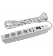 ЭРА C0043327 Сетевой фильтр SFU-5es-2m-W с надежной защитой с заземлением с выключателем 5 розеток 2xUSB 2м 10А белый 