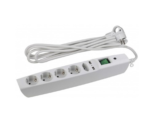 [ЭРА Удлинители бытовые, Сетевые фильтры] ЭРА C0043327 Сетевой фильтр SFU-5es-2m-W с надежной защитой с заземлением с выключателем 5 розеток 2xUSB 2м 10А белый 