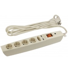 ЭРА C0043328 Сетевой фильтр SFU-5es-2m-I с надежной защитой с заземлением с выключателем 5 розеток 2xUSB 2м 10А слоновая кость 