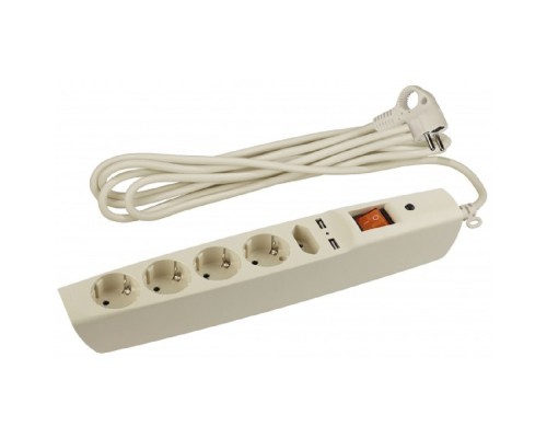 [ЭРА Удлинители бытовые, Сетевые фильтры] ЭРА C0043328 Сетевой фильтр SFU-5es-2m-I с надежной защитой с заземлением с выключателем 5 розеток 2xUSB 2м 10А слоновая кость 