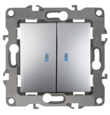 Эра Б0014659 12-1105-03 Выключатель двойной с подсветкой, 10АХ-250В, Эра12, алюминий