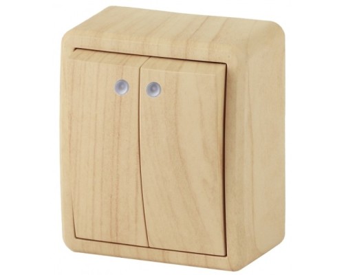 [ЭРА Розетки, выключатели] Эра Б0020668 11-1205-11 Выключатель двойной с подсветкой, 10АХ-250В, ОУ, Эра Эксперт, сосна