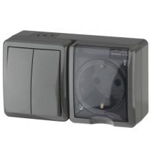 Эра Б0020736 11-7402-03 Блок розетка+выключатель двойной IP54, 16АХ(10AX)-250В, ОУ, Эра Эксперт, серый