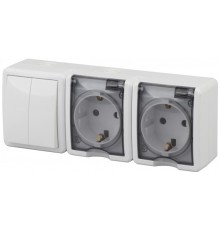 Эра Б0027675 11-7404-01 Блок две розетки+выключатель двойной IP54, 16АХ(10AX)-250В, ОУ, Эра Эксперт, белый
