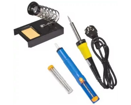 [Паяльные лампы (Автомобильные)] REXANT (12-0163) Набор для пайки  (паяльник 30 Вт, оловоотсос, подставка, припой)  