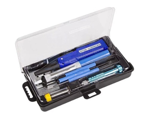 [Паяльные лампы (Автомобильные)] REXANT (12-0167) Набор для пайки  (паяльник 8Вт, оловоотсос, подставка, припой, отвертка, интрумент для монтажа)  