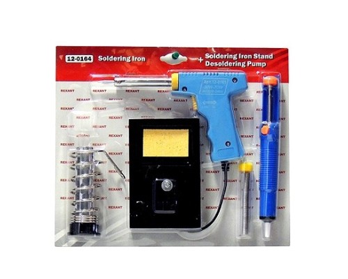 [Паяльные лампы (Автомобильные)] REXANT (12-0164) Набор для пайки (паяльник импульсный 30/70 Вт, оловоотсос, подставка, припой)  