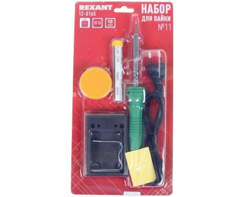 [Паяльные лампы (Автомобильные)] Rexant 12-0165 Набор для пайки №11  (паяльник 30Вт, подставка, губка для удаления припоя, канифоль, припой)  