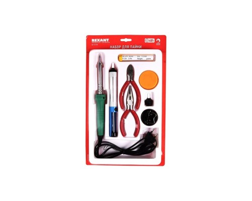 [Паяльные лампы (Автомобильные)] Rexant 12-0166 Набор для пайки №13  (паяльник 30Вт, подставка, губка для удаления припоя, канифоль, припой)  