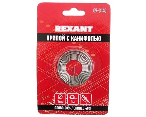 [Припои] Rexant 09-3140 Припой с канифолью O1.0мм Спираль 1 метр (Sn60 Pb40 Flux 2.2%) блистер  