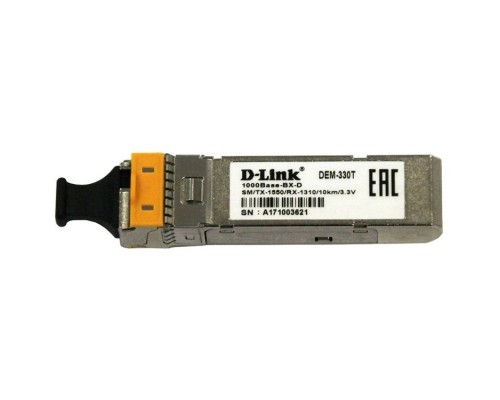 [Сетевое оборудование] D-Link 330T/10KM/A1A WDM SFP-трансивер с 1 портом 1000Base-BX-D (Tx:1550 нм, Rx:1310 нм) для одномодового оптического кабеля (до 10 км, разъем Simplex LC)