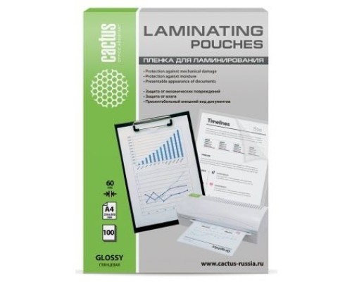 [CACTUS плёнка для ламинирования] Cactus Пленка для ламинирования 60мкм A4 (100шт) глянцевая 216 x 303мм (1059665) [LPGA460100]