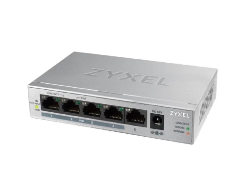 [Сетевое оборудование] ZYXEL GS1005HP-EU0101F PoE+ коммутатор GS1005HP, 5xGE (4xPoE+), настольный, металлический, бесшумный, бюджет PoE 60 Вт