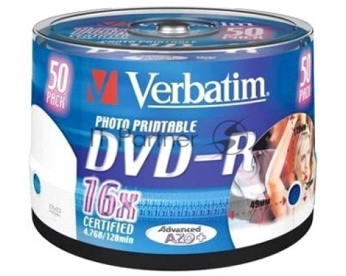 Диск DVD-R Verbatim 4.7Gb 16x Cake Box (50шт) Printable (43533)
