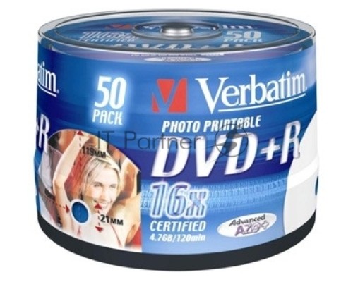 Диск DVD+R Verbatim 4.7Gb 16x Cake Box (50шт) Printable (43512)