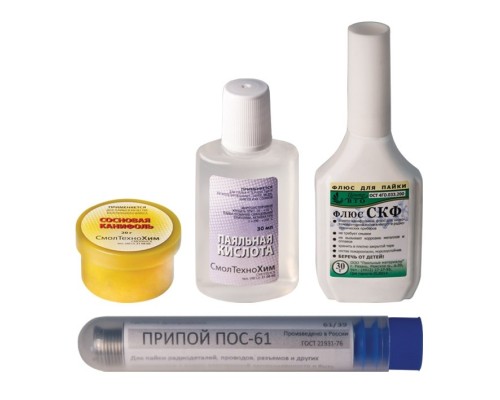 [Припои] КУРС РОС Набор для пайки № 2 (припой ПОС-61 с каниф. 10гр.; каниф.сосн. 20гр.; кислота паял. 30мл; флюс СКФ 30мл) [60622]