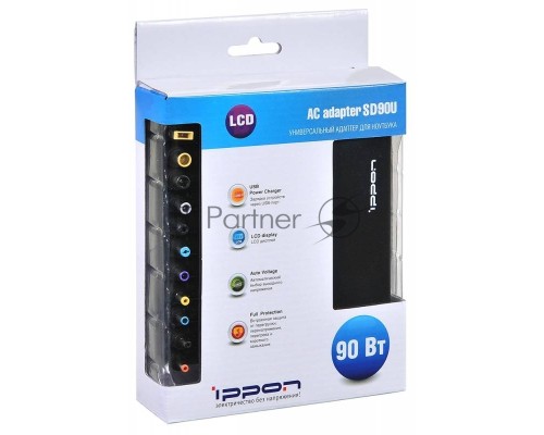Блок питания Ippon SD90U автоматический 90W 15V-19.5V 10-connectors 1xUSB 2.1A от бытовой электросети LСD индикатор