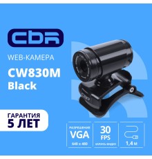 CBR CW 830M Black, Веб-камера с матрицей 0,3 МП, разрешение видео 640х480, USB 2.0, встроенный микрофон, ручная фокусировка, крепление на мониторе, длина кабеля 1,4 м, цвет чёрный