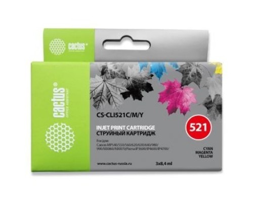 [расходные материалы] CACTUS CLI-521C/M/Y набор картриджей для Canon Pixma iP3600/iP4600/iP4700/MP540/MP550/MP560/MP620/MP630/MP640/MP980/MP990/MX860/MX870, голубой/пурпурный/желтый