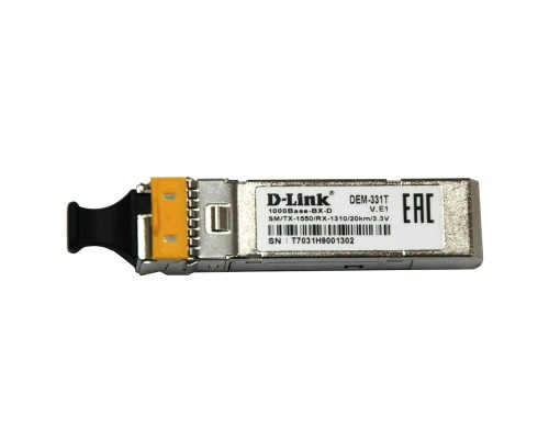 [Сетевое оборудование] D-Link 331T/20KM/A1A WDM SFP-трансивер с 1 портом 1000Base-BX-D (Tx:1550 нм, Rx:1310 нм) для одномодового оптического кабеля (до 20 км, разъем Simplex LC)