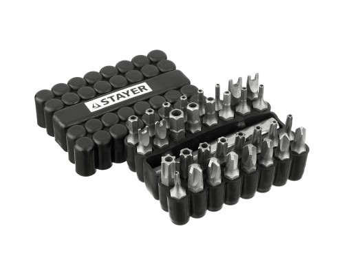 [Отвертки-насадки (биты)] STAYER Набор, Master 26084-H33: Биты СПЕЦИАЛЬНЫЕ Cr-V, с магнитным адаптером, в ударопрочном держателе, 33 предмета [26084-H33]