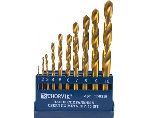 [Сверла ] Thorvik TDBS10 Набор спиральных сверл по металлу HSS TiN в пластиковом кейсе, d1.0-10.0 мм, 10 предметов