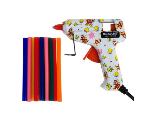 [Пистолеты] REXANT (12-0112) Пистолет клеевой 15 Вт O 7 мм малый + набор цветных стержней 12 шт. (блистер) 