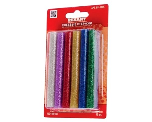 [Пистолеты] REXANT (09-1235) Клеевые стержни d=11,3 мм, L=100 мм, цветные с блестками (упак. 12 шт.) (блистер) 