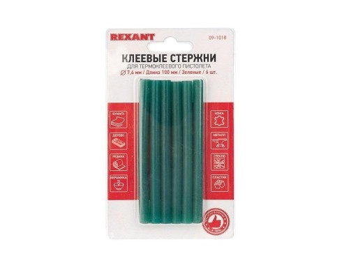 [Пистолеты] REXANT (09-1018) Клеевые стержни d=7,4 мм, L=100 мм, зеленые (упак. 6 шт.) 