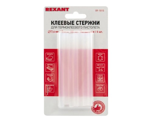 [Пистолеты] REXANT (09-1015) Клеевые стержни d=7,4 мм, L=100 мм, прозрачные (упак. 6 шт.) 