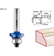 ЗУБР Фреза кромочная калевочная №1, D= 19мм, рабочая длина-7,4мм, радиус-3,2мм, хв.-8мм, d-12,7мм, ЗУБР Профессионал [28701-19]