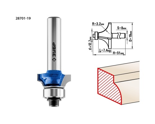 [Фрезы] ЗУБР Фреза кромочная калевочная №1, D= 19мм, рабочая длина-7,4мм, радиус-3,2мм, хв.-8мм, d-12,7мм, ЗУБР Профессионал [28701-19]
