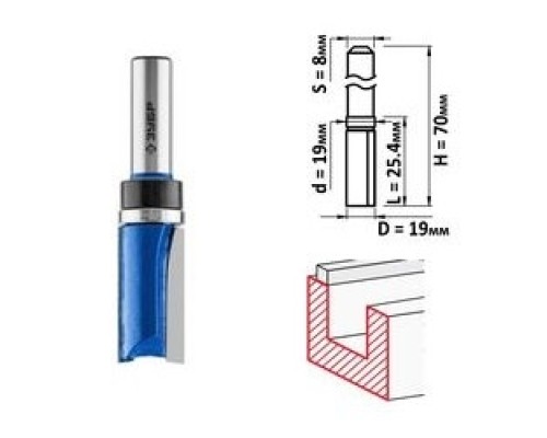[Фрезы] ЗУБР Фреза пазовая прямая с верхним подшипником, D= 19мм, рабочая длина-25,4мм, хв.-8мм, d-19мм, ЗУБР Профессионал [28756-19-26]