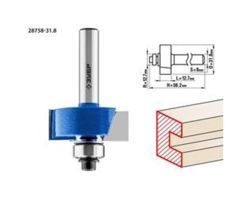[Фрезы] ЗУБР Фреза фальцевая, D= 31,8мм, рабочая длина-12,7мм, хв.-8мм, d-12,7мм, ЗУБР Профессионал [28758-31.8]