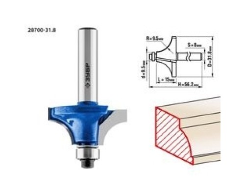 [Фрезы] ЗУБР Фреза кромочная калевочная №1, D= 31,8мм, рабочая длина-15мм, радиус-9,5мм, хв.-8мм, d-9,5мм, ЗУБР Профессионал [28700-31.8]