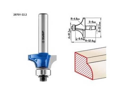 [Фрезы] ЗУБР Фреза кромочная калевочная №1, D= 22,2мм, рабочая длина-9,4мм, радиус-4,8мм, хв.-8мм, d-12,7мм, ЗУБР Профессионал [28701-22.2]