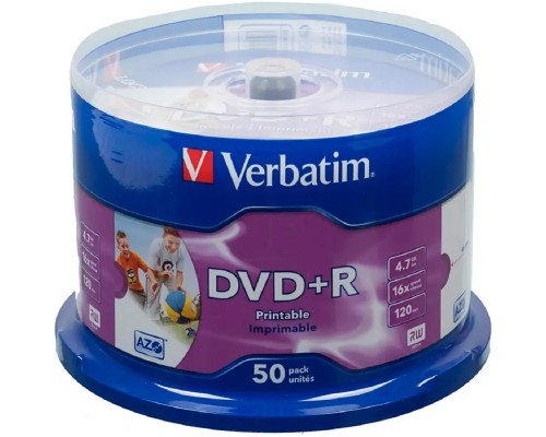 [Диск] Verbatim  Диски DVD+R  4.7Gb 16-х, Wide Photo InkJet Printable,  50 шт, Cake Box (43512 )