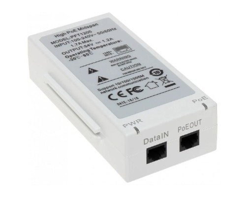 [Коммутаторы] DAHUA DH-PFT1200 Инжектор Hi-PoE, порты 1 RJ45 10/100/1000Мбит/с, 1 RJ45 10/100/1000Мбит/с (PoE/PoE+/Hi-PoE), мощность PoE до 60Вт, питание 100~240В(AC), рабочая температура: -30°С~+65°С