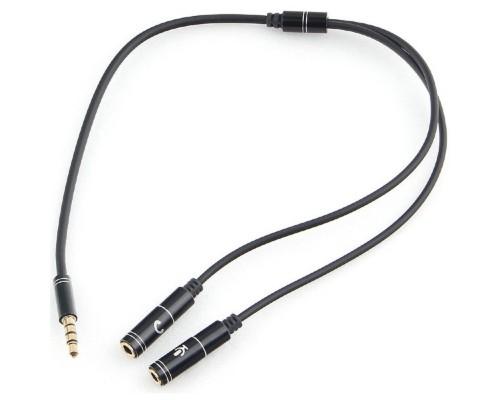 [кабели] Кабель аудио Cablexpert CCAB-02-35MYHM-0.2MB. 3.5 джек 4pin(M)/2х 3.5 джек(F) наушники и микрофон, черный, 0.2м, блистер