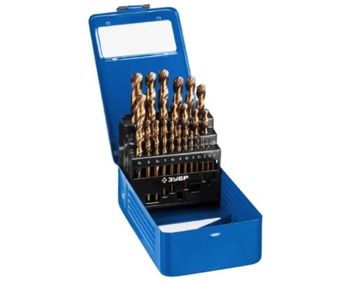 [Буры,сверла,долото] ЗУБР КОБАЛЬТ 25шт(1-13мм), Набор сверл по металлу, сталь Р6М5К5, класс А, мет.бокс (29626-H25)