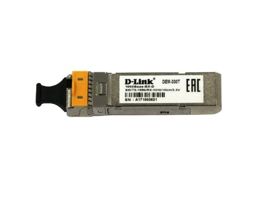 [Сетевое оборудование] D-Link 330T/3KM/A1A WDM SFP-трансивер с 1 портом 1000Base-BX-D (Tx:1550 нм, Rx:1310 нм) для одномодового оптического кабеля (до 3 км, разъем Simplex SC)