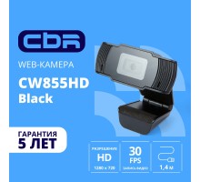 CBR CW 855HD Black, Веб-камера с матрицей 1 МП, разрешение видео 1280х720, USB 2.0, встроенный микрофон с шумоподавлением, фикс.фокус, крепление на мониторе, длина кабеля 1,4 м, цвет чёрный