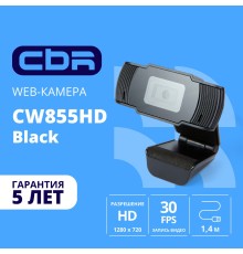 CBR CW 855HD Black, Веб-камера с матрицей 1 МП, разрешение видео 1280х720, USB 2.0, встроенный микрофон с шумоподавлением, фикс.фокус, крепление на мониторе, длина кабеля 1,4 м, цвет чёрный