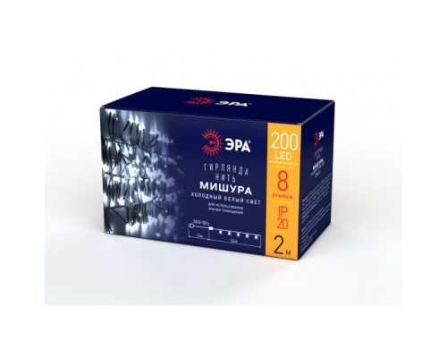 [Новогодние светоукрашения] ЭРА Б0047969 Гирлянда LED Нить Мишура 2 м зеленый провод, холодный свет,  220V, IP20