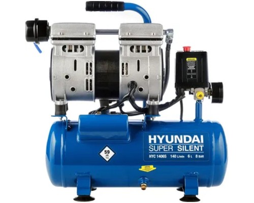 [Компрессоры] HYUNDAI HYC 1406S Компрессор поршневой, безмасляный { 140 л/мин, 230 В, 1400 об/мин., ресивер 6 л, поршней 2 шт., давление 8 бар., 14 кг }