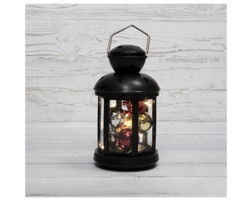 [Новогодние светоукрашения] Neon-night 513-061 Декоративный фонарь с шариками 12х12х20,6 см, черный корпус, теплый белый цвет свечения