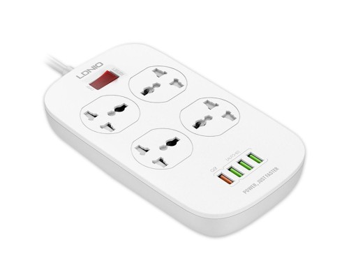 [Сетевые фильтры] Perfeo LD_B4435  LDNIO SC4407Q/ Сетевой фильтр 2м/ 4  розетки EU_UK_US/ 2500W/ 4 USB+QC 3.0/  Выкл. на розетки/ White